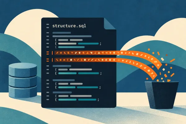 Noisy random-token lines are removed from a structure.sql document while the schema remains.