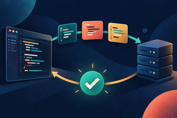 Code examples travel from a client to a server and return with a successful verification check.