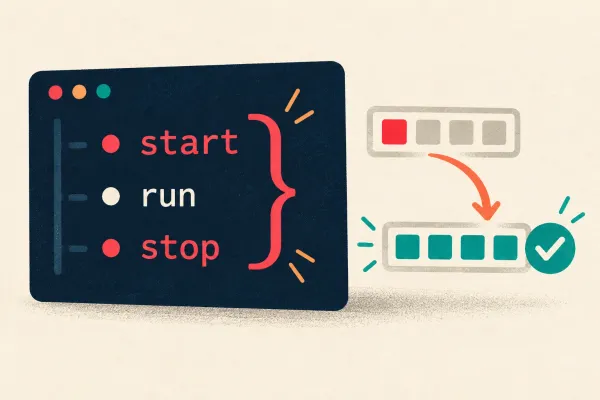 A bracket keeps start, run, and stop together as a failing test result becomes passing checks.