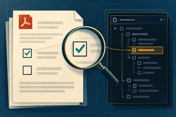 A PDF checkbox is inspected alongside its corresponding internal object-tree entry.