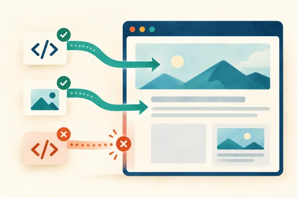 A browser accepts approved script and image resources and blocks an unapproved source.