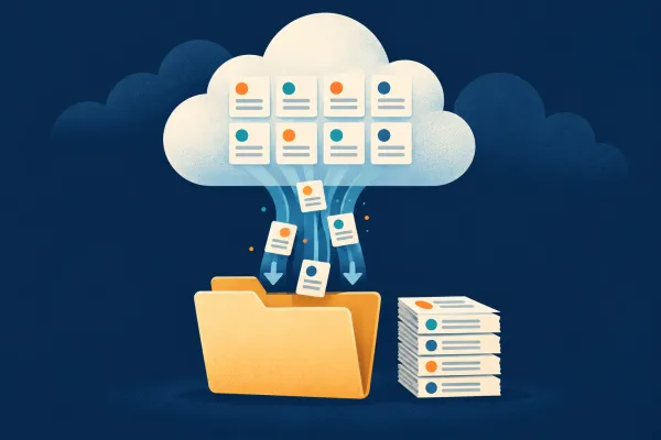 Records leave a cloud archive and are saved into a folder and a stack of files.