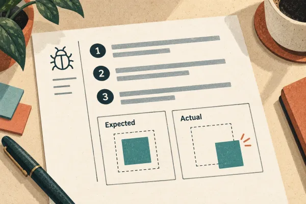 A bug report pairs three reproduction steps with expected and actual results.