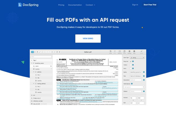 The DocSpring website at the time of the FormAPI rebrand, showing its PDF template editor.