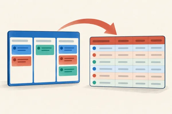 Cards from a kanban board become corresponding rows in a structured table.