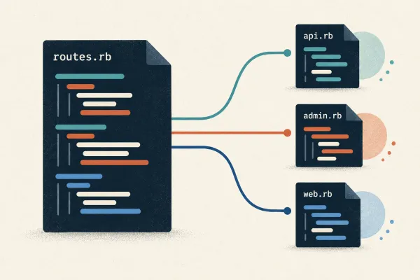 A routes.rb file branches into smaller api.rb, admin.rb, and web.rb files.