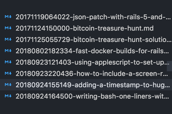 An editor lists Markdown posts whose filenames begin with timestamps.