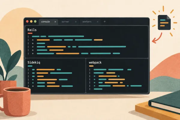 An arranged terminal workspace contains Rails, Sidekiq, webpack, and console sessions.
