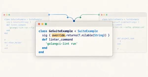 Two code paths converge on a centered Ruby method with an explicit Sorbet override signature.