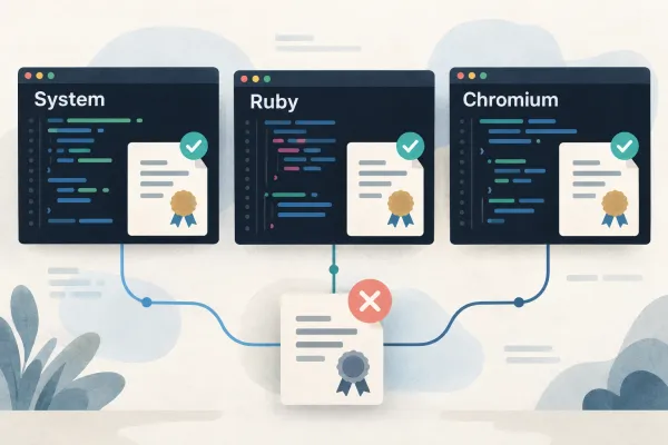 Separate System, Ruby, and Chromium code windows with certificate verification symbols.