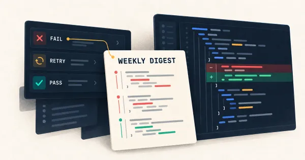 A test runner's failed attempt feeds a weekly digest beside a code editor showing a fix.