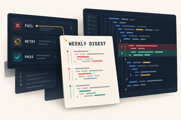 A test runner's failed attempt feeds a weekly digest beside a code editor showing a fix.