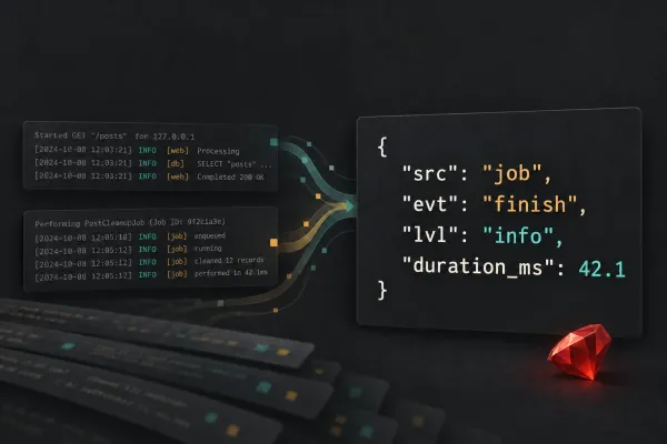 Request and job logs converge into a structured JSON event.