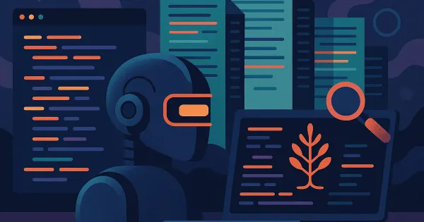 An illustrated coding assistant examines code panels and a syntax tree.