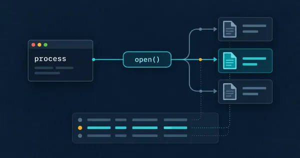 A running process is traced through open() calls to three files, with one access path highlighted.