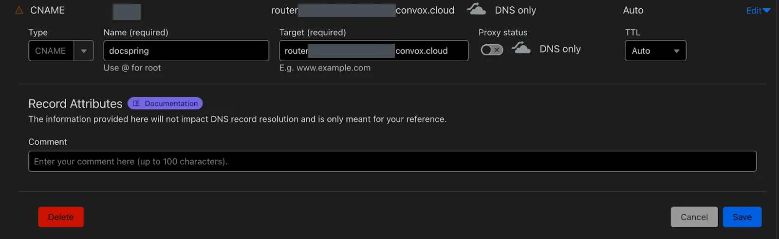 A Cloudflare CNAME record named docspring that targets the rack's router hostname, with proxying turned off
