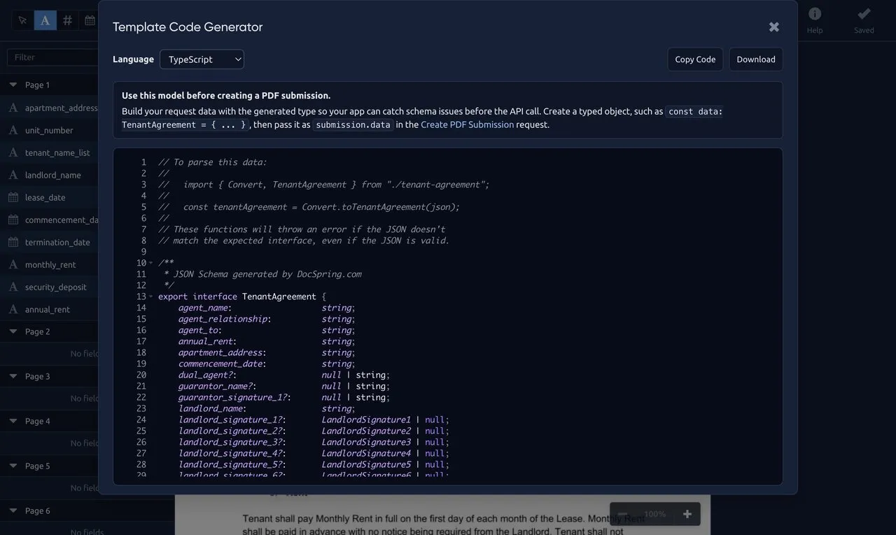 The Template Code Generator modal showing generated TypeScript model code