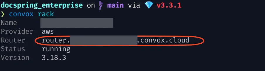 The output of convox rack, with the router hostname highlighted
