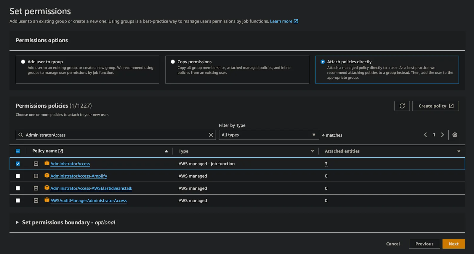 The AWS IAM "Set permissions" step with the AdministratorAccess policy checked