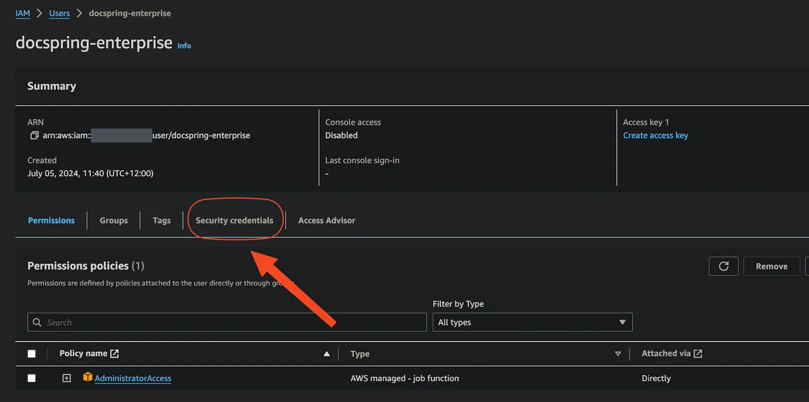 The docspring-enterprise IAM user's summary page, with the Security credentials tab highlighted