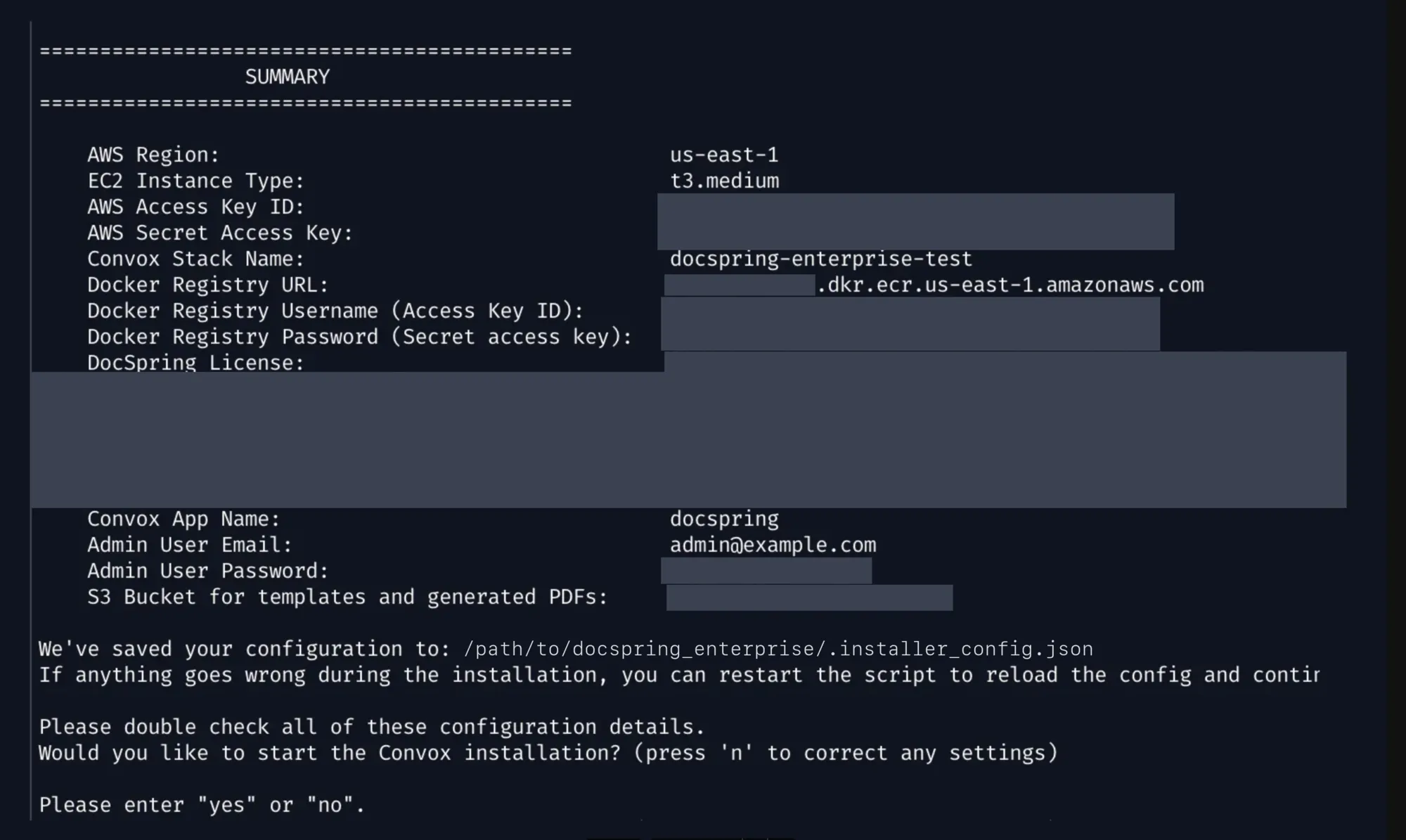 The install script's summary of the configuration, with credentials, the license key, the admin password and the bucket name redacted