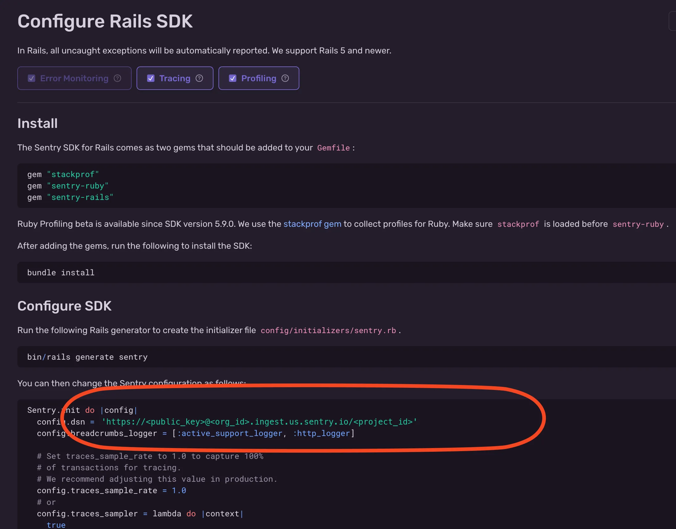 Sentry's Rails SDK setup page, with the DSN in the configuration example highlighted