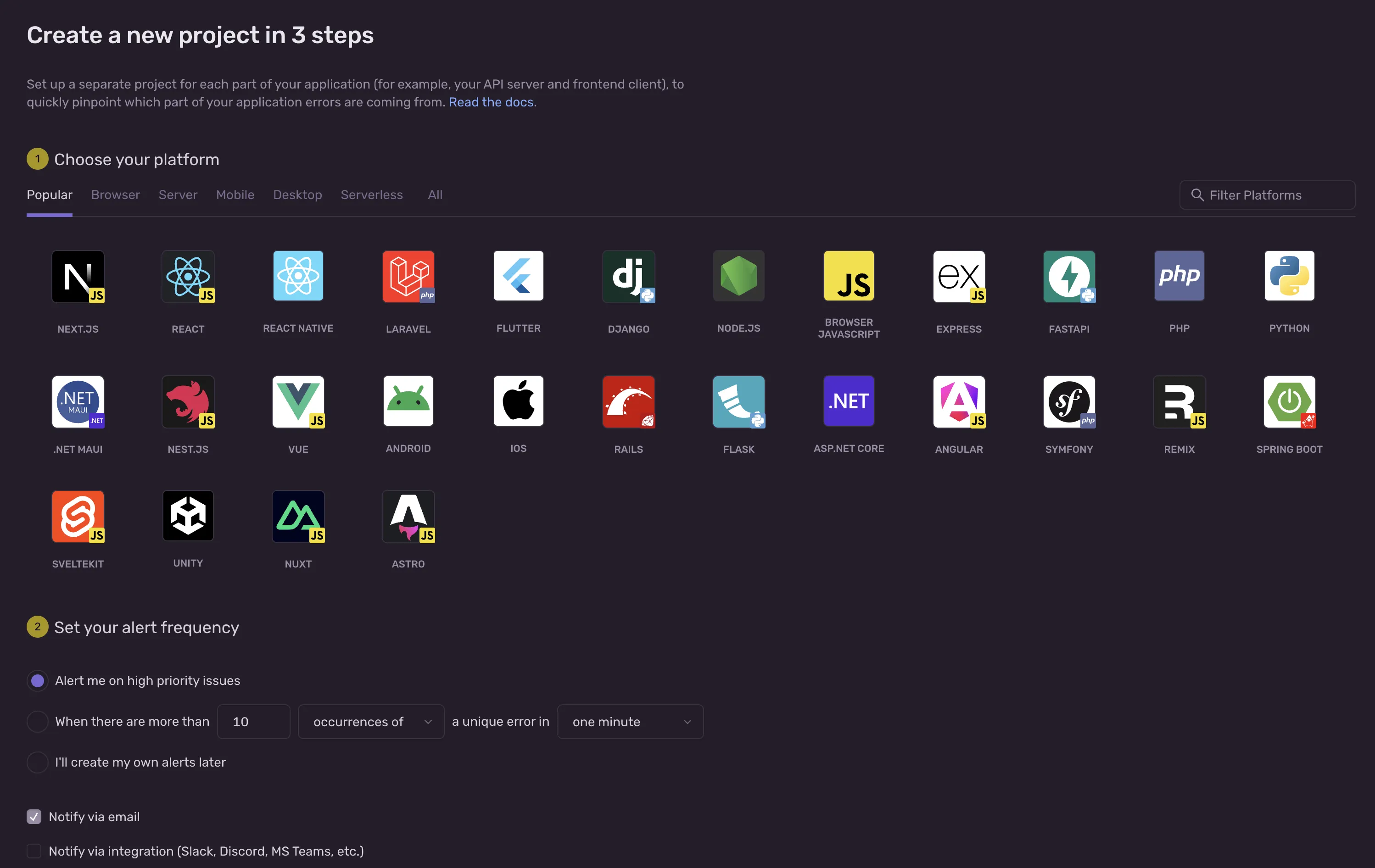Sentry's "Create a new project" page, with platforms to choose from