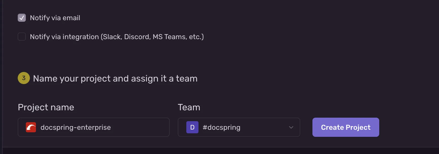 Sentry's project name and team fields, and the Create Project button