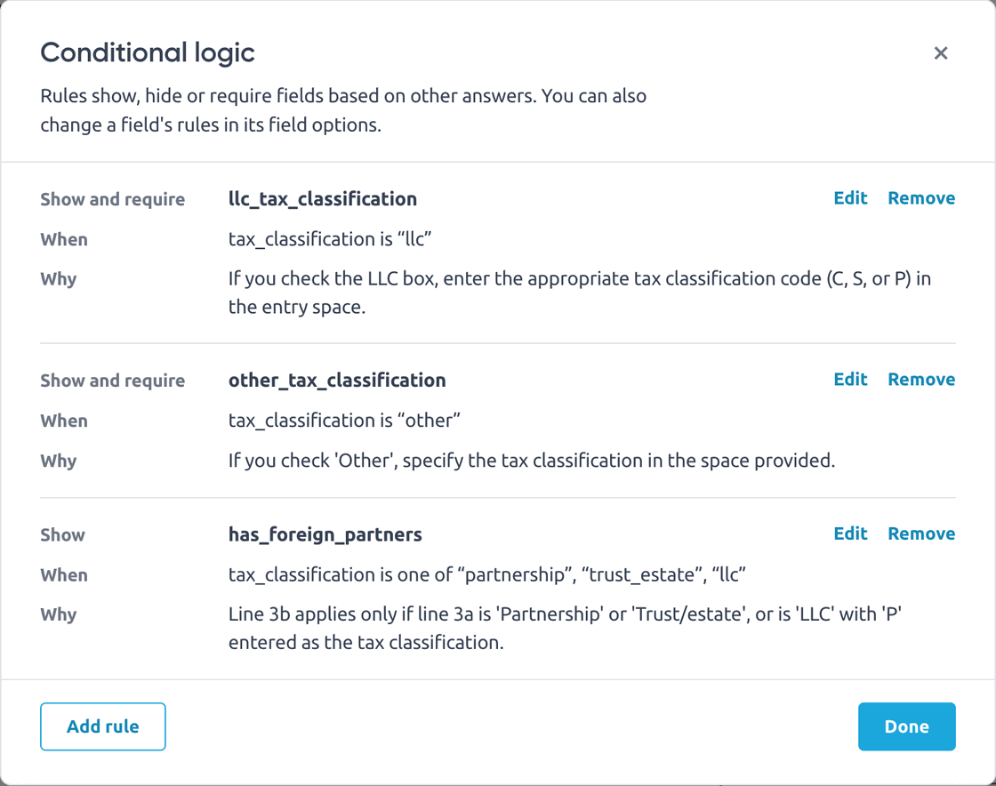 The Conditional logic dialog with three rules AI added to a W-9, each with its reason from the form