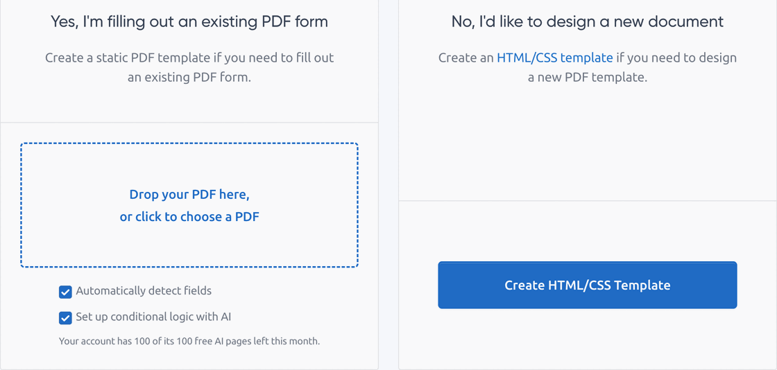 The PDF upload box with "Automatically detect fields" and "Set up conditional logic with AI" checked
