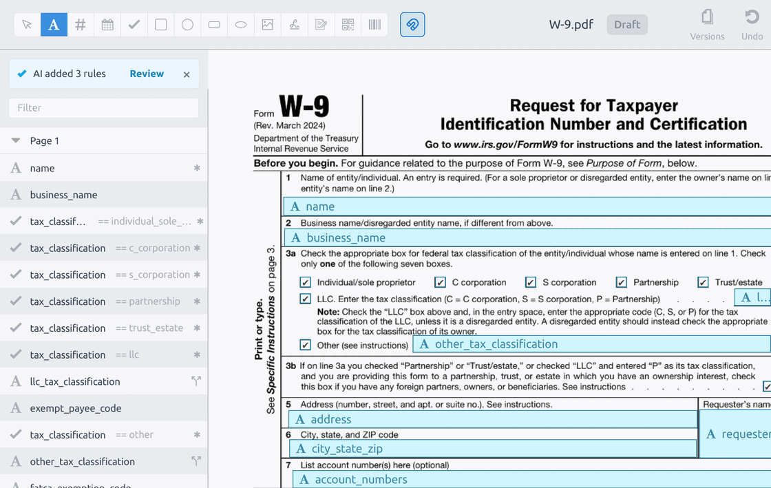 An IRS Form W-9 uploaded as a flat PDF, in the template editor with the fields DocSpring found and the names AI gave them