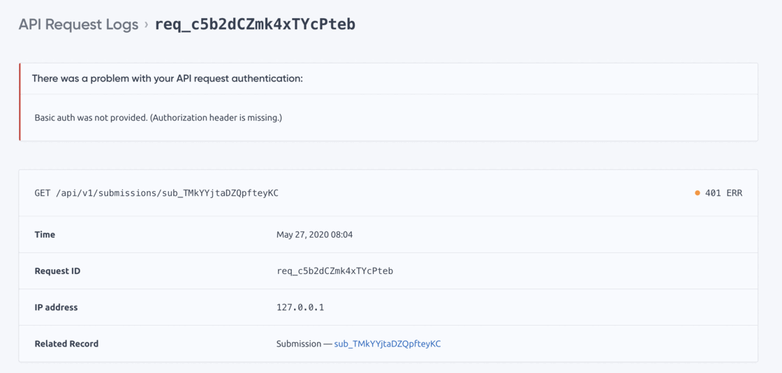 Request log details for a 401 error caused by a missing Authorization header
