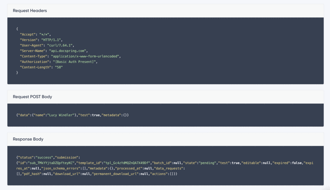 Request headers, POST body and response body recorded in an API request log