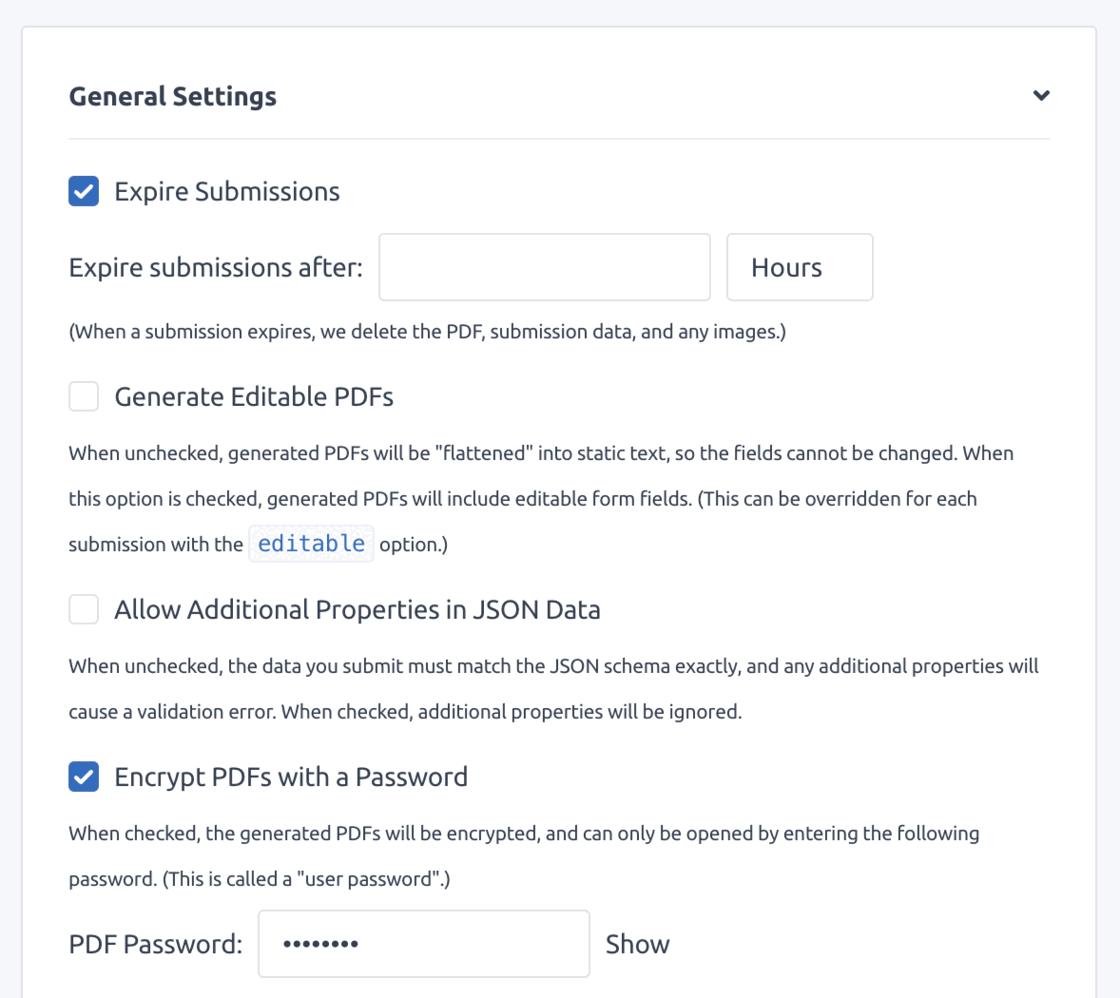 Default template settings form with options such as Expire Submissions and Encrypt PDFs