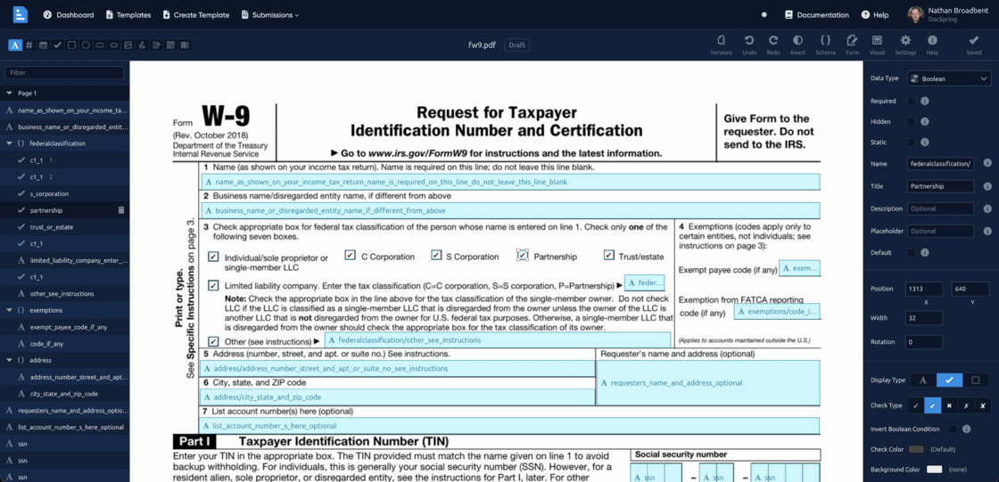 PDF template editor in the dark theme with a W-9 form open