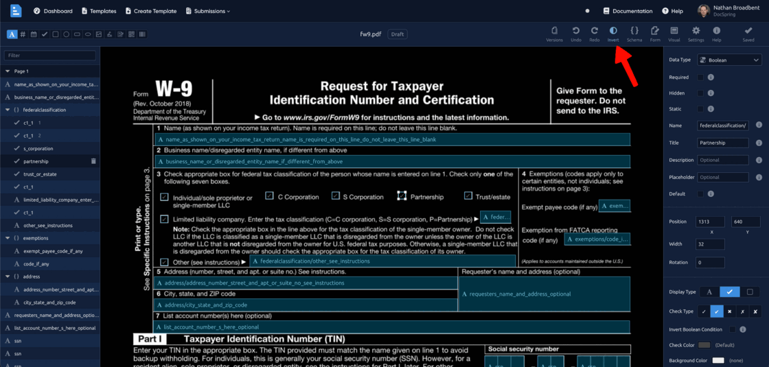 Arrow pointing to the Invert button in the template editor toolbar in the dark theme