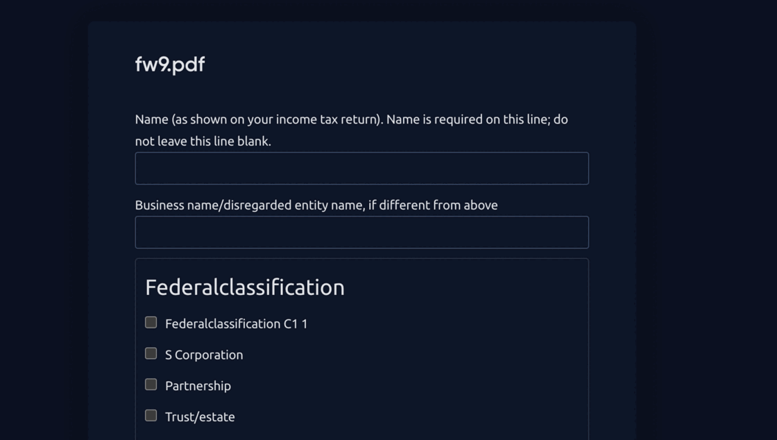 Hosted web form for a W-9 template in the dark theme