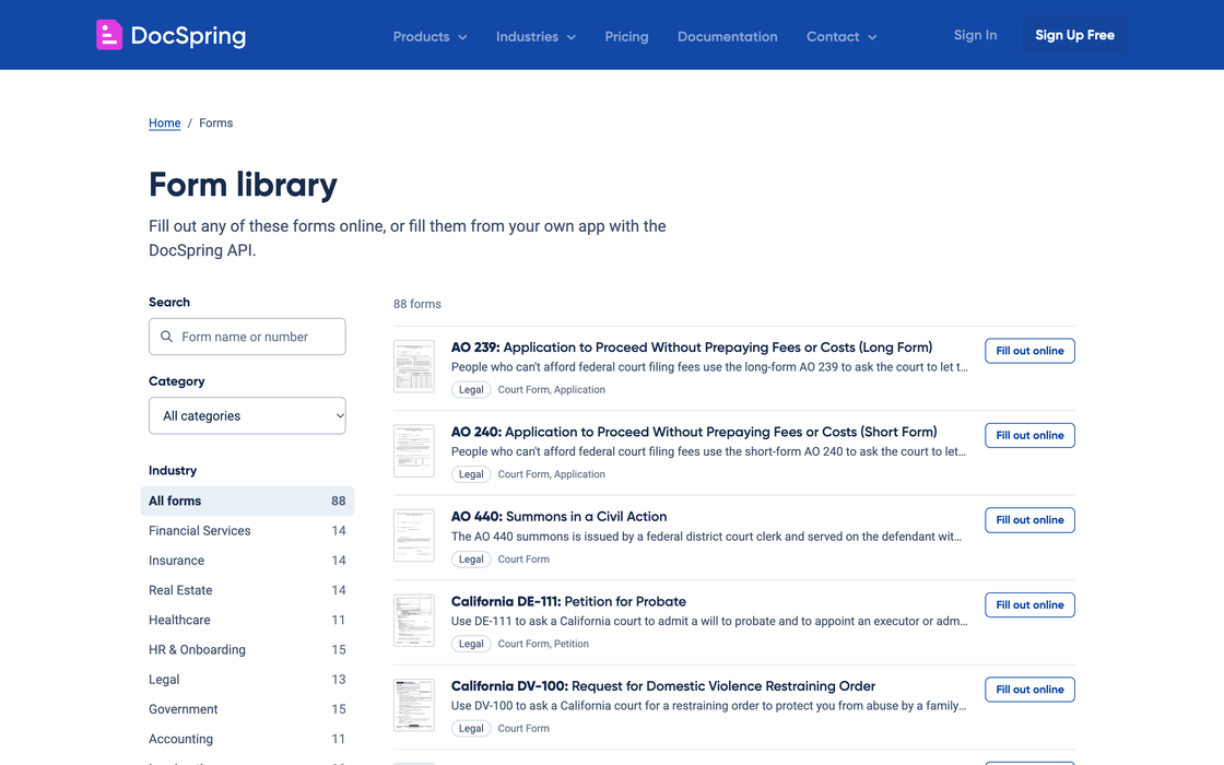 The form library at docspring.com/forms, with a search box, a category filter and the forms listed by industry