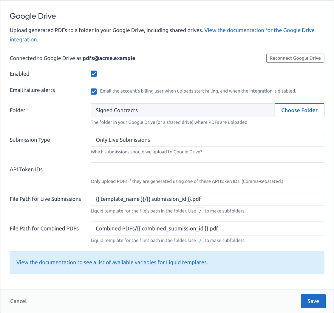 A Google Drive integration's settings, with the chosen folder and the file paths for live submissions and combined PDFs