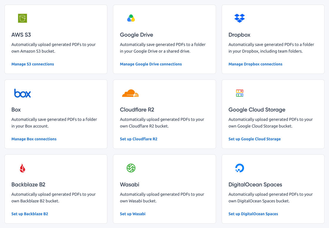The storage integrations on the Integrations page: AWS S3, Google Drive, Dropbox, Box, Cloudflare R2, Google Cloud Storage, Backblaze B2, Wasabi and DigitalOcean Spaces