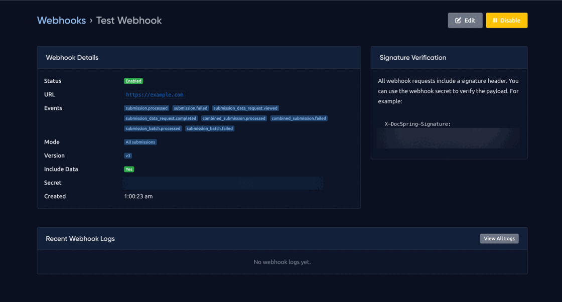 Webhook details page showing its events, version, secret and a signature example