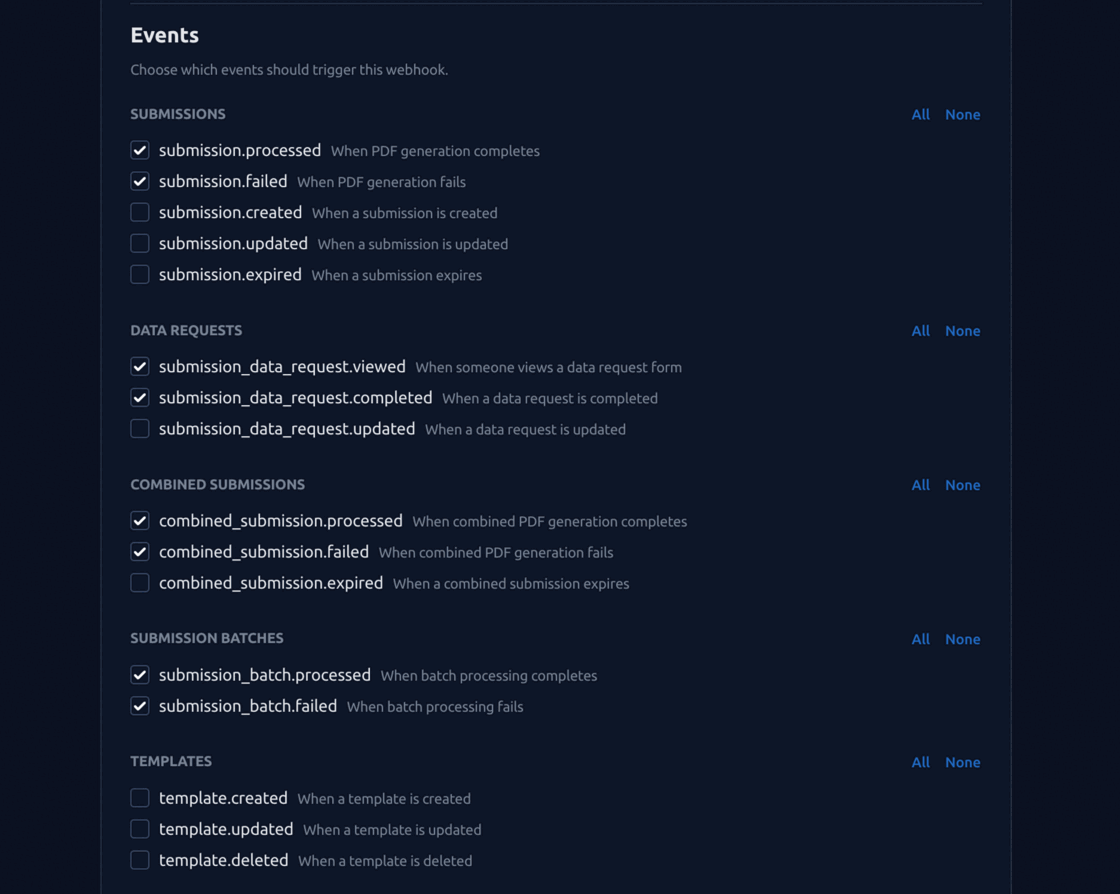 Events section of the webhook form with checkboxes for submission, data request and template events