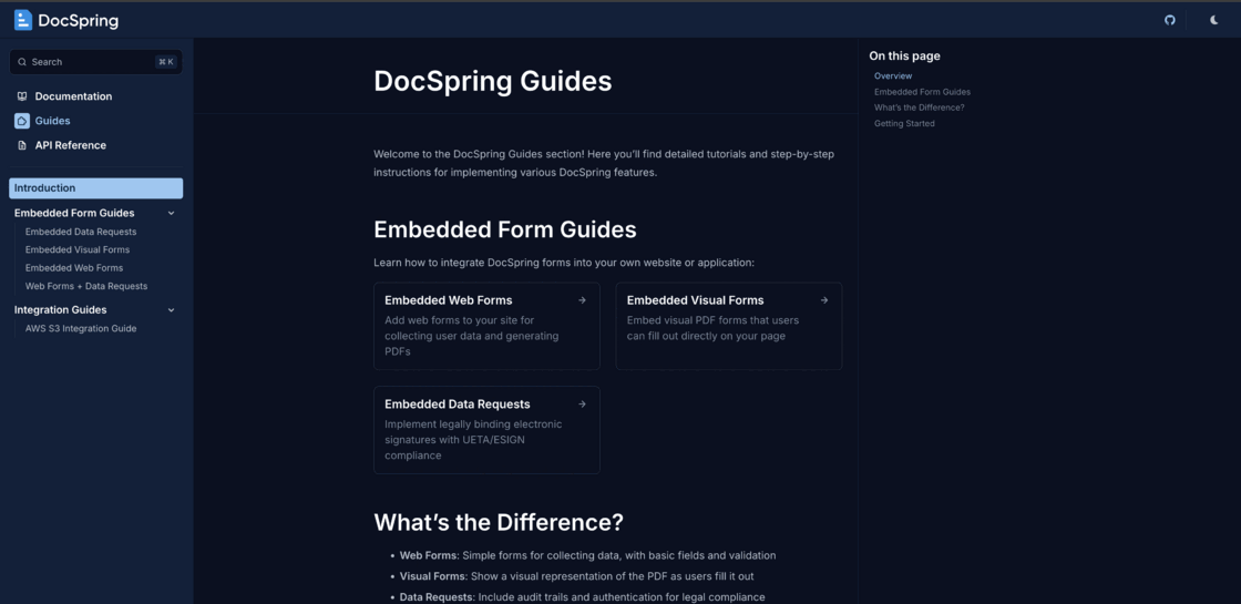Guides section of the new docs listing embedded form and integration guides