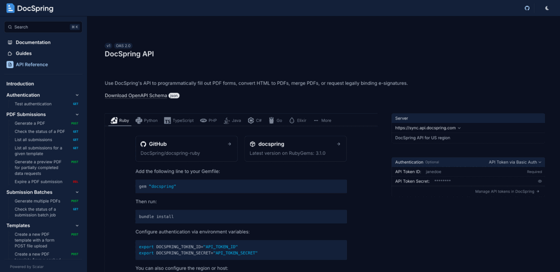 API Reference introduction with a tab for each client library and setup steps