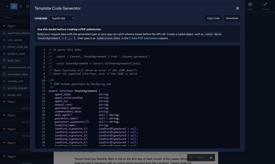 Template Code Generator modal