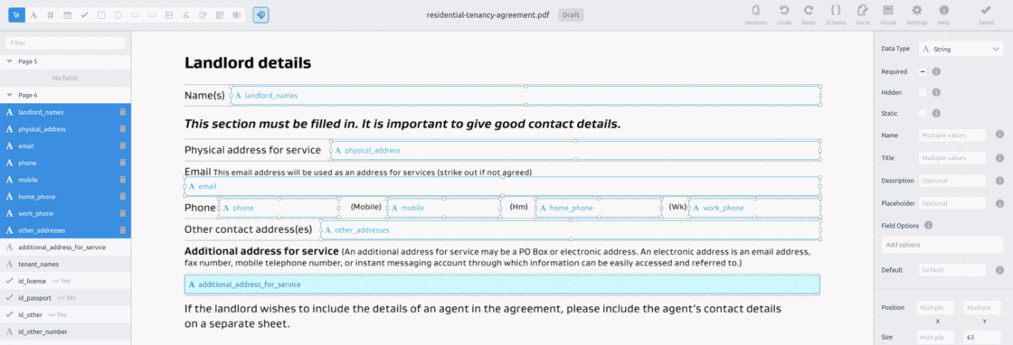 Several fields selected at once, highlighted in the field list and on the page