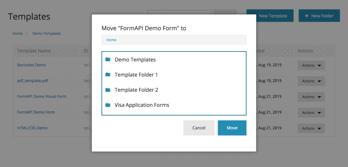 Move dialog listing the folders that a template can be moved into