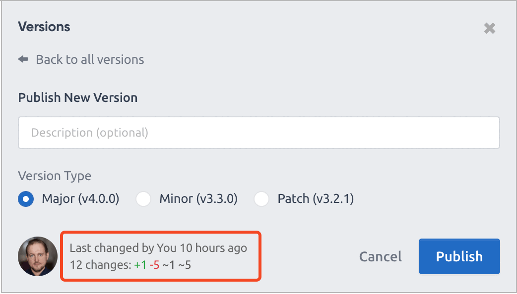 Change count highlighted in the Publish New Version form, showing 12 changes in the draft