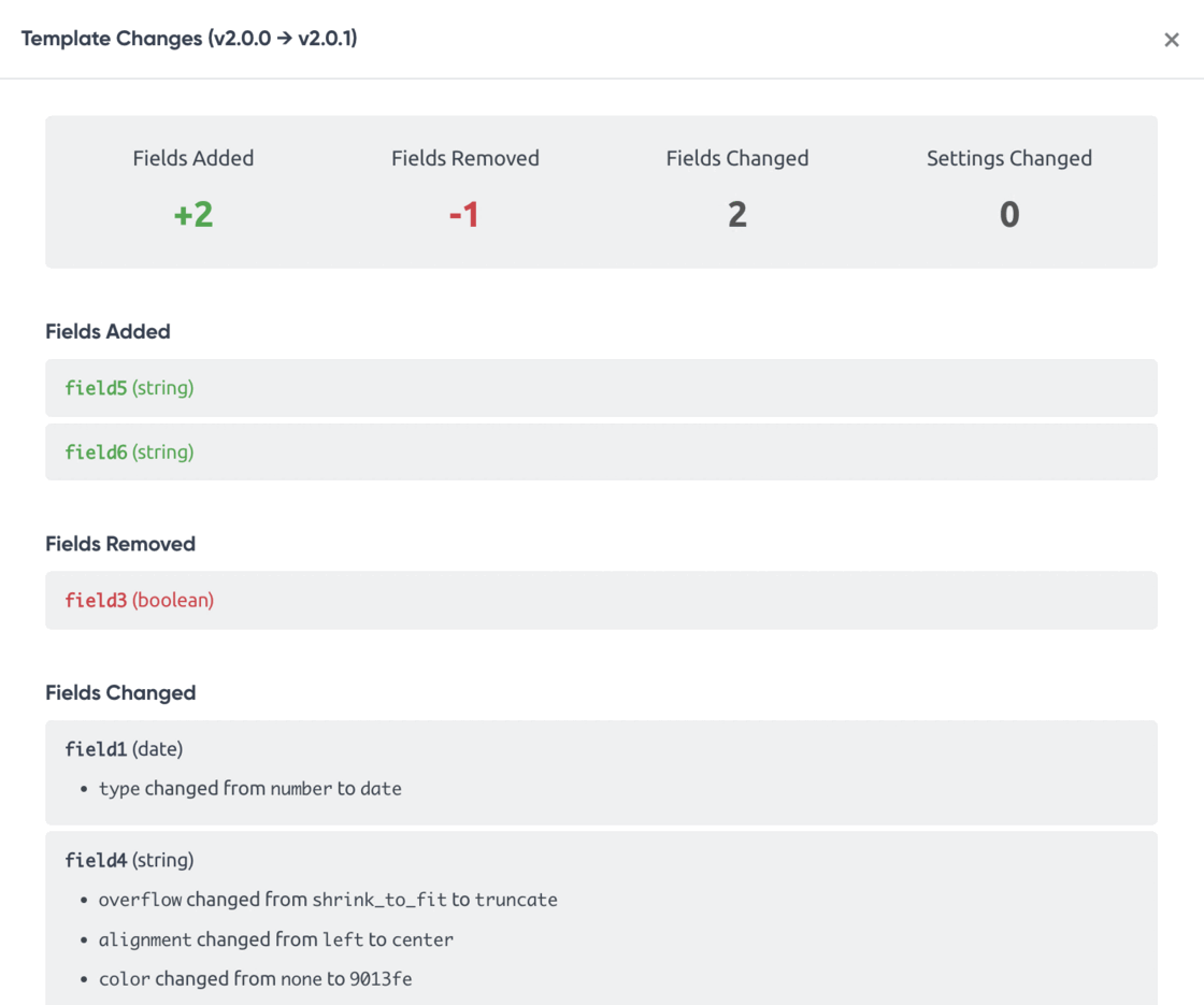 Template Changes view listing fields added, removed and changed between two versions