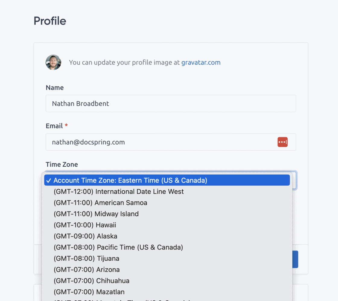 Time Zone dropdown on the Profile page, defaulting to the account time zone